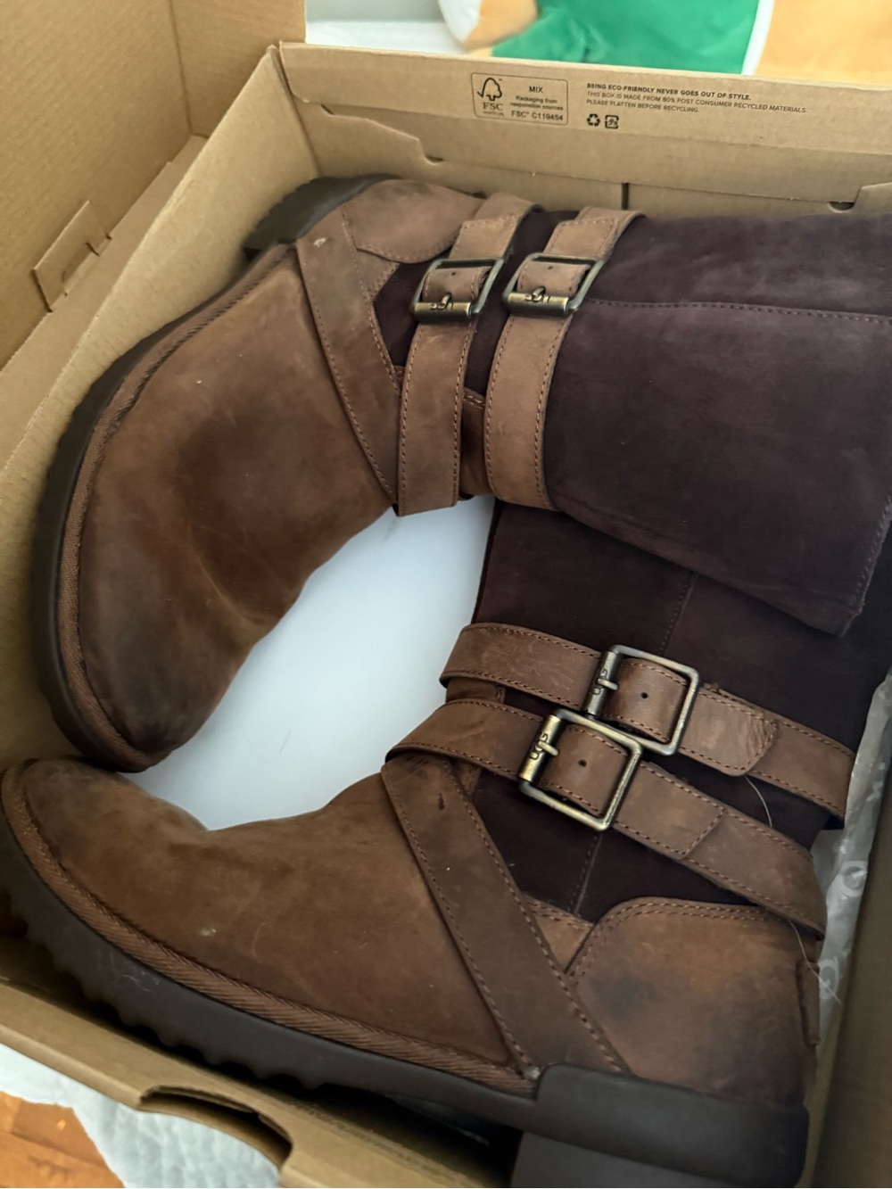 UGG Brown Suede Double Buckle Women's Moto Boots